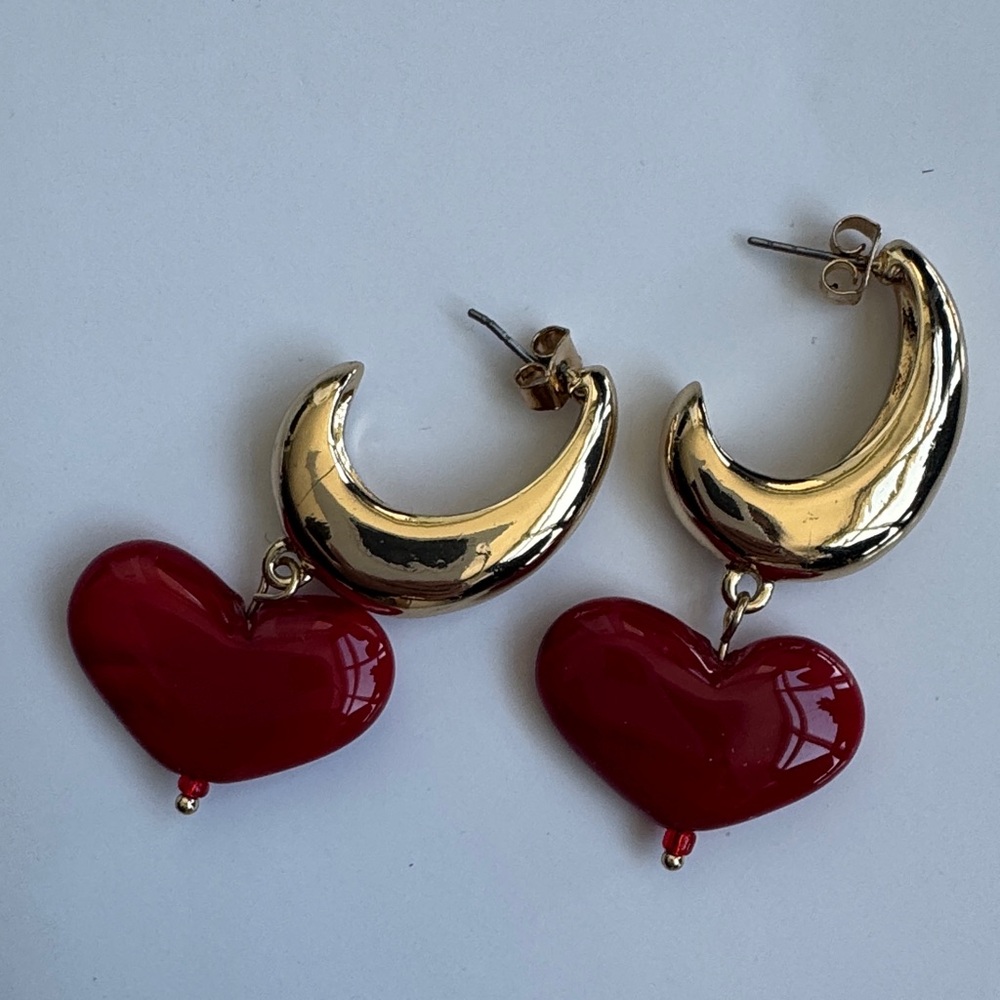 Zara Gold and Red Heart Moon Earrings